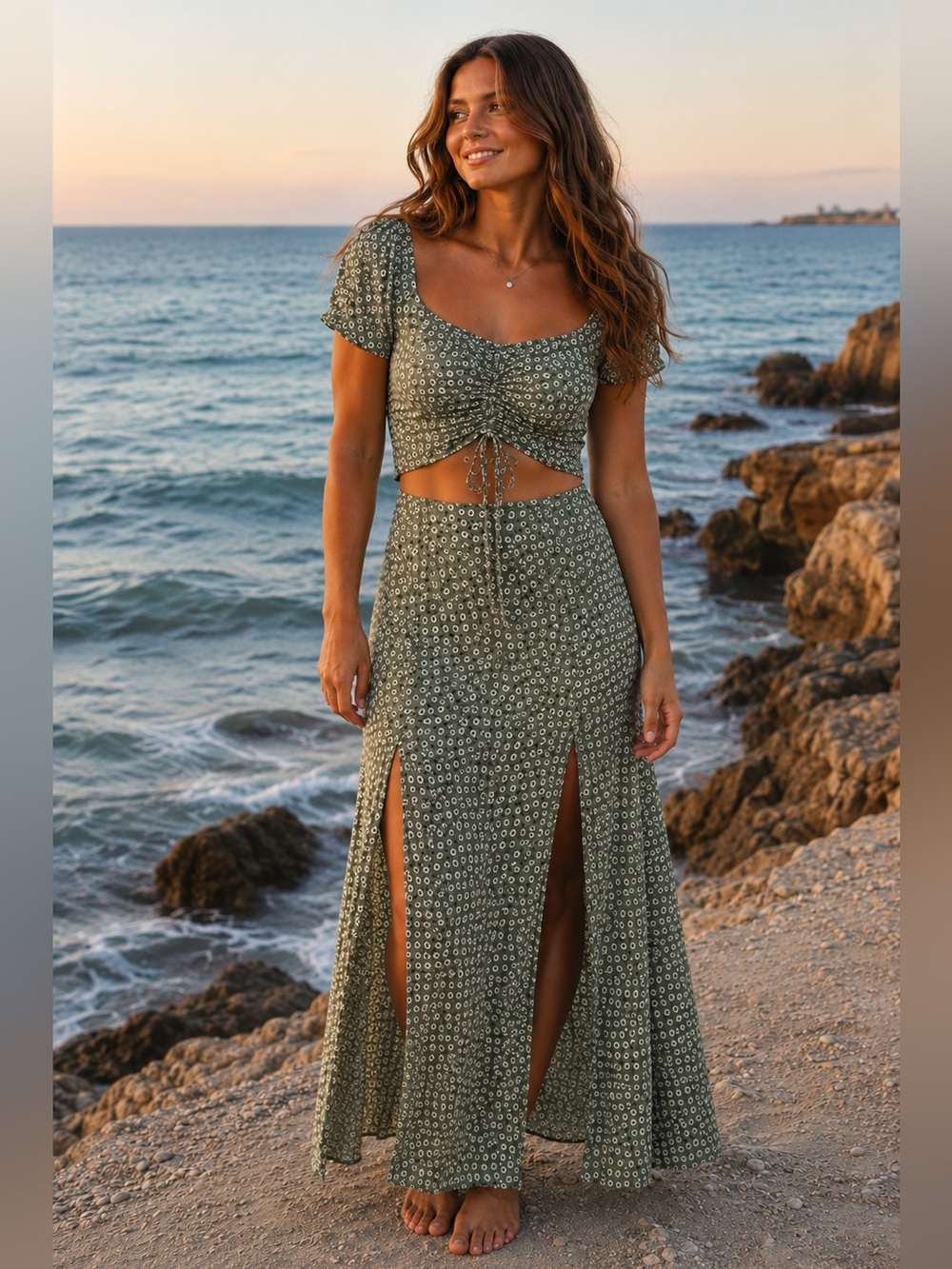 H&M Green Floral High-Slit Maxi Skirt & Top Viscose